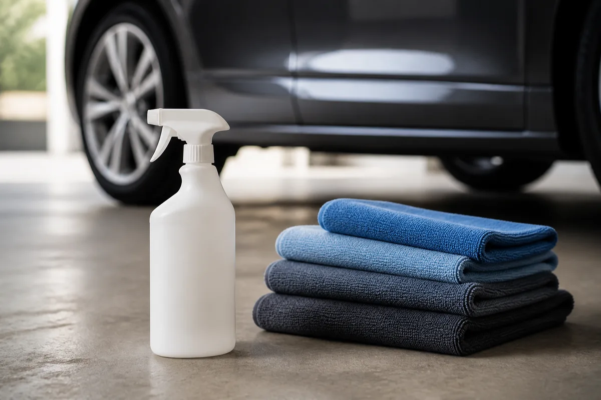 Flacon pulvérisateur et pile de microfibres pliées posés au sol pres d une aile de voiture propre