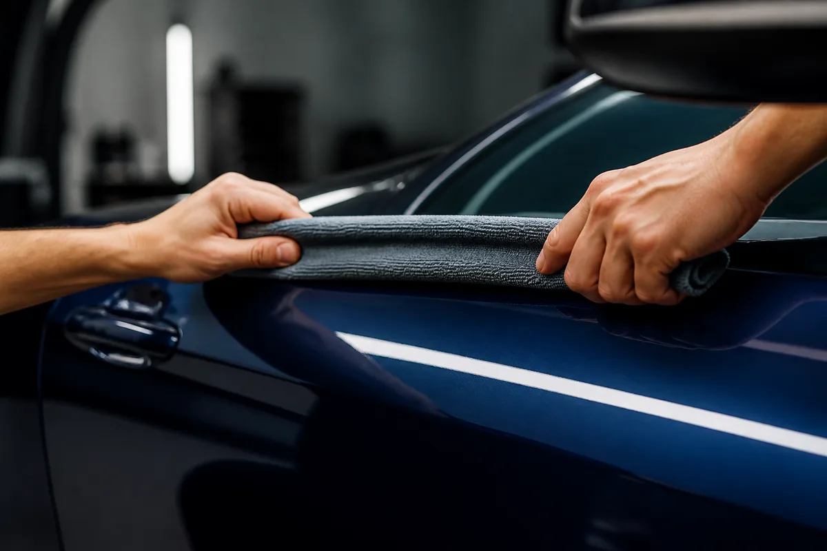 Microfibre propre tirée en ligne droite sur une portière de voiture reflétant la lumière