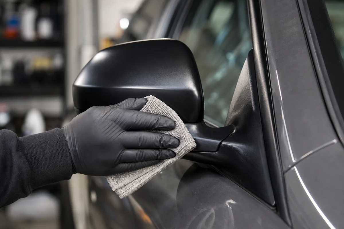 Détaileur passant une microfibre sur un plastique de voiture rénové, teinte noire retrouvée