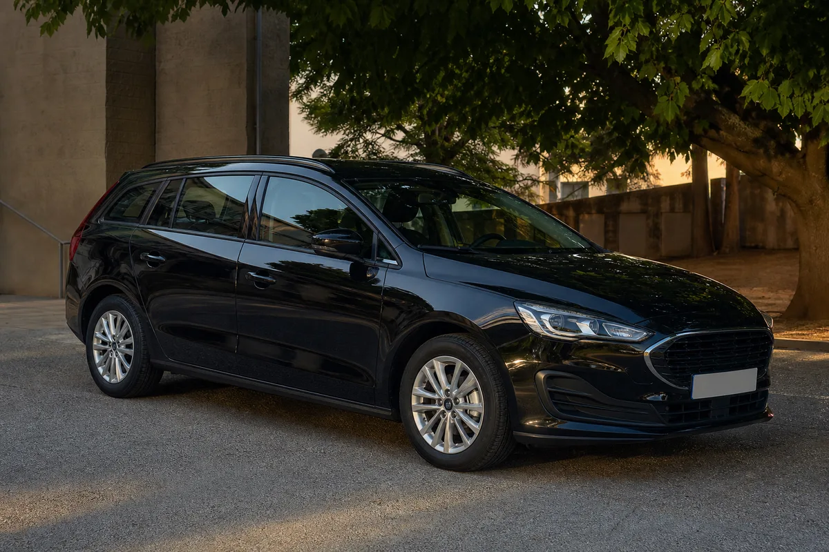 Voiture propre stationnée à l’ombre, plastiques extérieurs noirs et carrosserie brillante